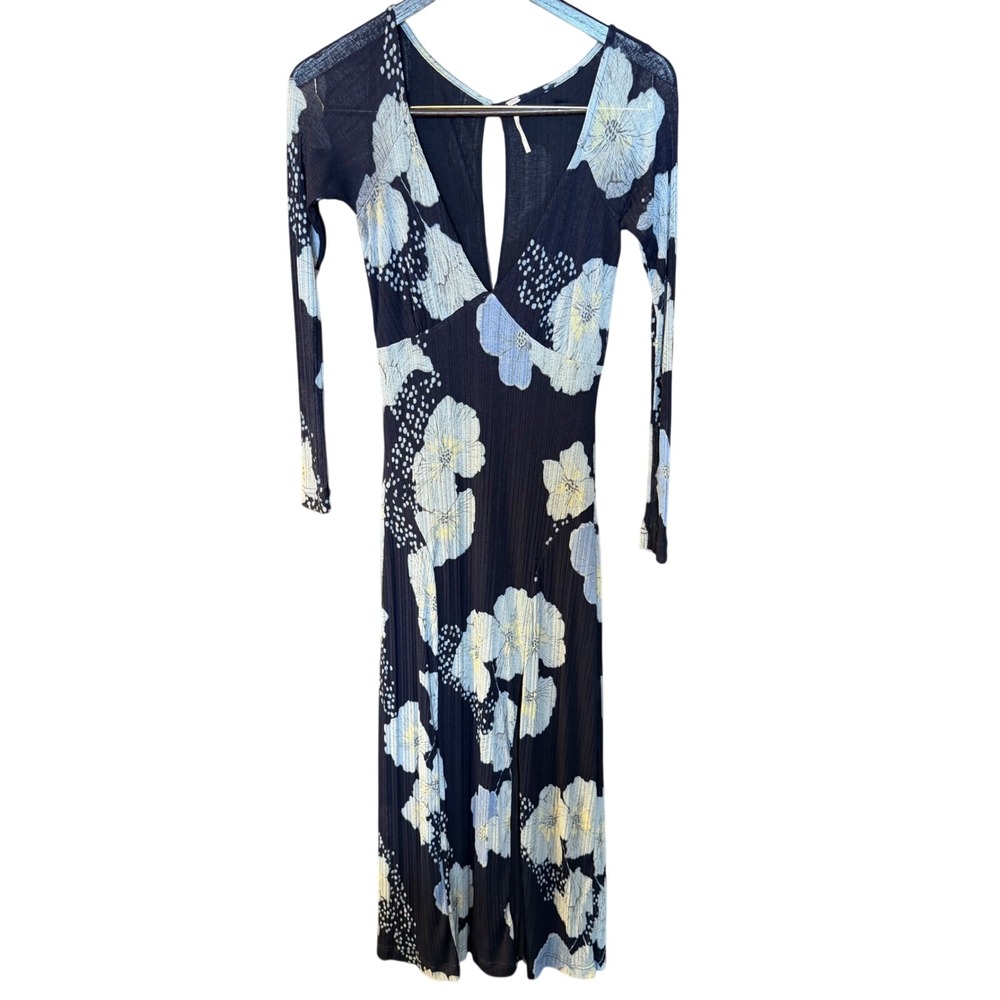 Free People Sm Calla Navy Blue Floral Ribbed Open Back Long Sleeve Midi Dress